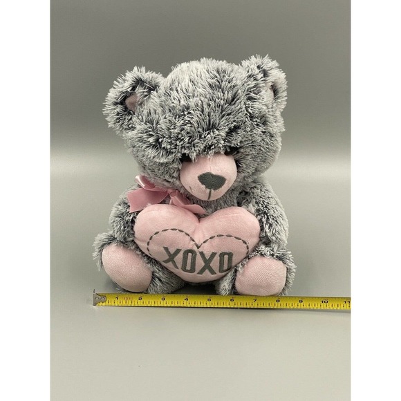 Excite USA 10” Gray Teddy Bear Plush Holding Pink XOXO Heart Stuffed Animal Toy - Picture 7 of 8